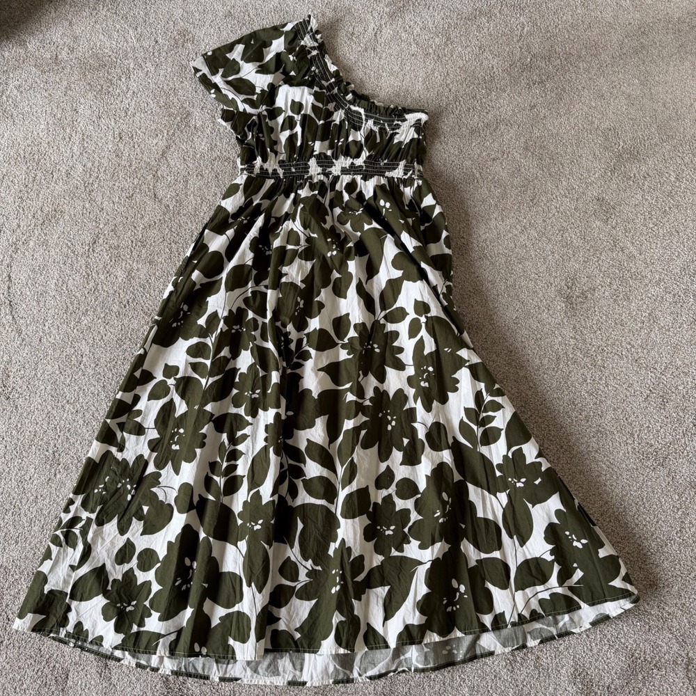 J. Crew Smocked Cotton Poplin One Shoulder Dress XL Leafy Floral Olive NEW! - Picture 5 of 10